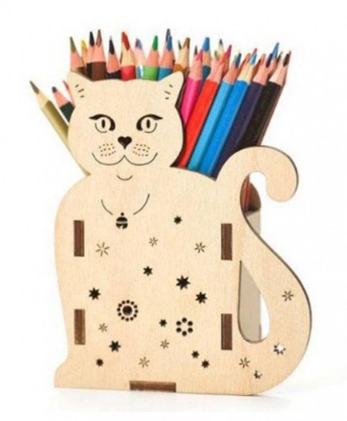 Wooden box for pencils - cat