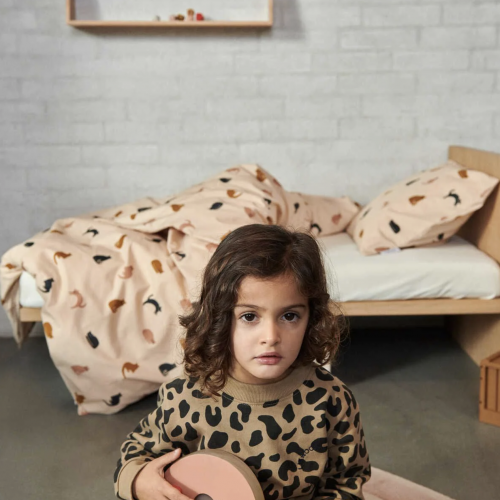 Детско спално бельо от органичен памук с принт - миау, ябълков цвят